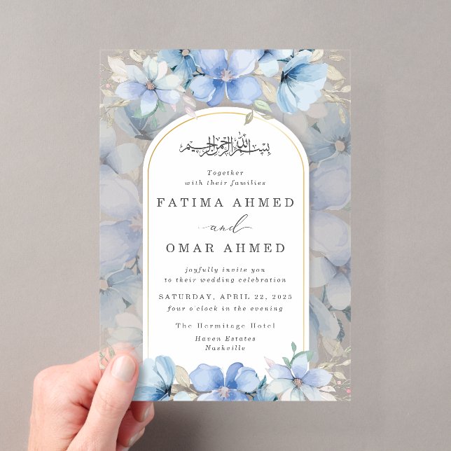Invitations En Acrylique Elégant Jardin Floral Bleu Mariage musulman islami (In situ (ordinateur de poche))