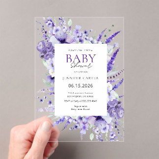 Invitations En Acrylique Elegant Lavender Floral Baby Shower Purple 