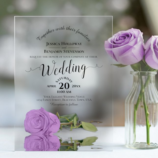 Invitations En Acrylique Élégant Lilac violet Rose Lacy Calligraphie Mariag (Clear Acrylic with Rectangle Cut)