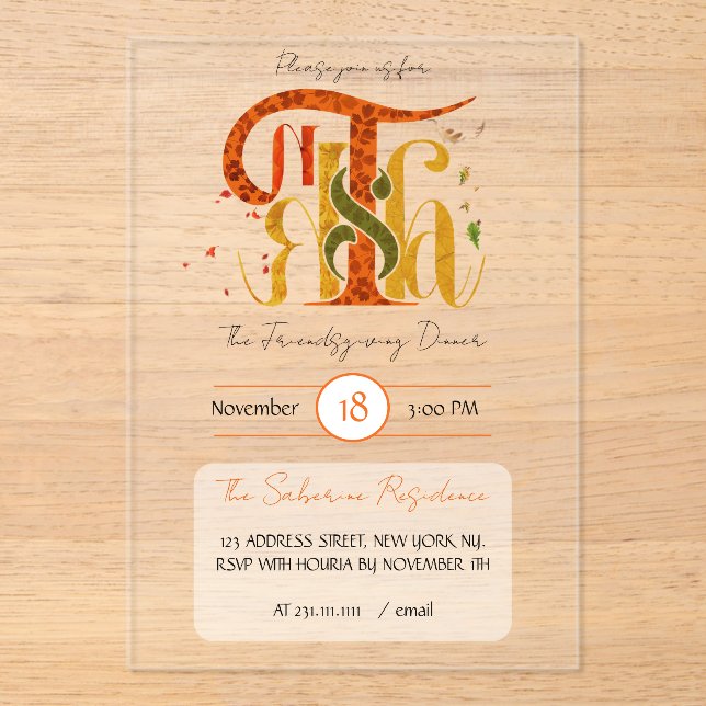 Invitations En Acrylique Elegant Manuscript Thanks Autumn Foliage  (Recto)