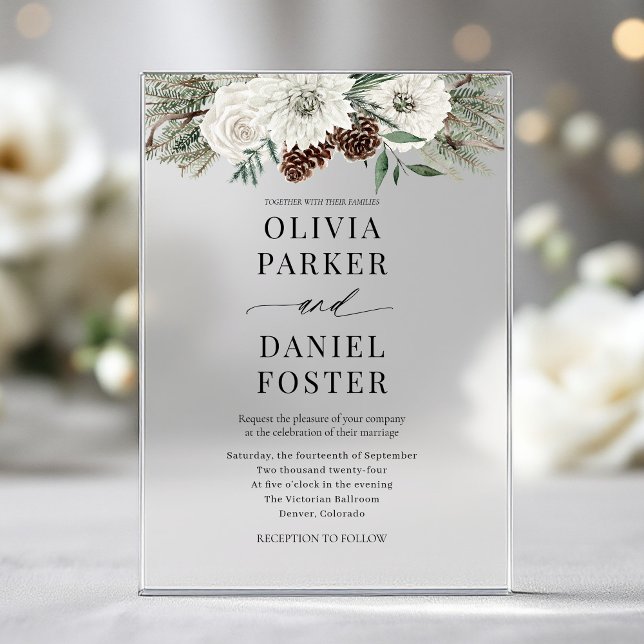 Invitations En Acrylique Élégant Mariage À feuillage persistant hiver moder (Créateur téléchargé)