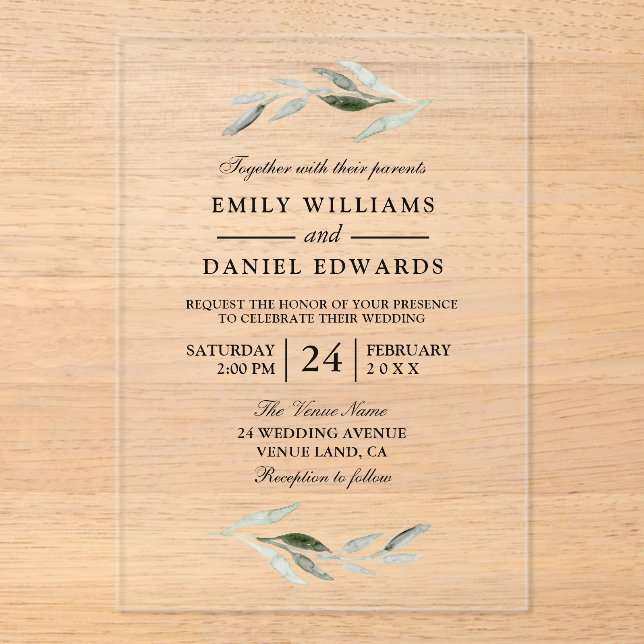 Invitations En Acrylique Élégant Mariage à feuilles vertes (Recto)