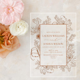 Invitations En Acrylique Élégant Mariage à l'Art Linéaire de Fleurs Orange 