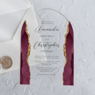 Invitations En Acrylique Élégant Mariage Arqué en Agate Dorée Bourgogne Scr