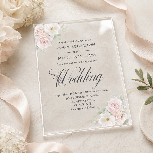 Invitations En Acrylique Élégant mariage aux roses roses tendres  (Créateur téléchargé)