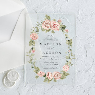 Invitations En Acrylique Élégant mariage avec des roses roses et de la verd