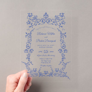 Invitations En Acrylique Élégant mariage bleu et blanc de style chinois