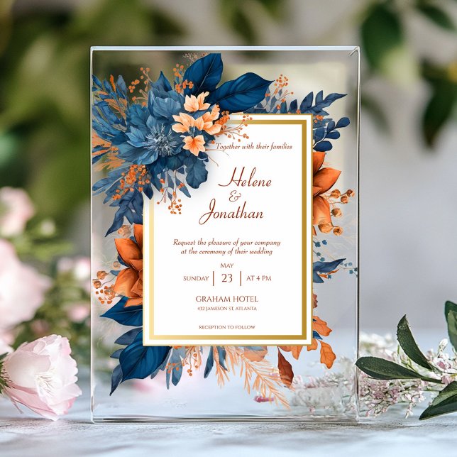 Invitations En Acrylique Élégant Mariage Bohème Aquarelle Bleu Nuit Rouille (Elegant Navy Blue Rust Watercolor Boho Wedding Acrylic Invitations)