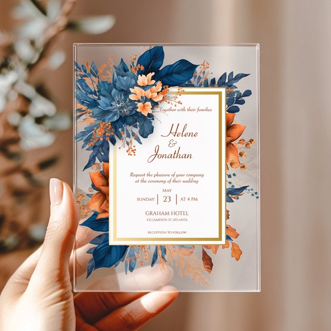 Invitations En Acrylique Elégant Mariage Boho couleur bleu rouille marine (Elegant Navy Blue Rust Watercolor Boho Wedding Acrylic Invitations)