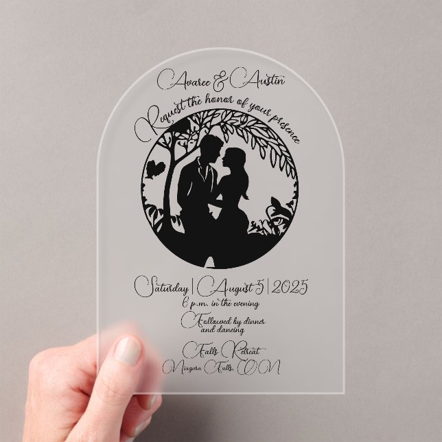 Invitations En Acrylique Elégant Mariage Couple Silhouette encadrée Noir (In situ (ordinateur de poche))