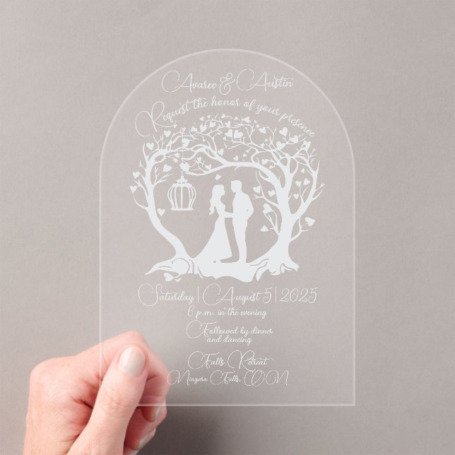 Invitations En Acrylique Elégant Mariage Couple Tree encadré blanc (In situ (ordinateur de poche))