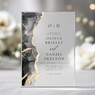 Invitations En Acrylique Élégant Mariage d'agate d'or noir