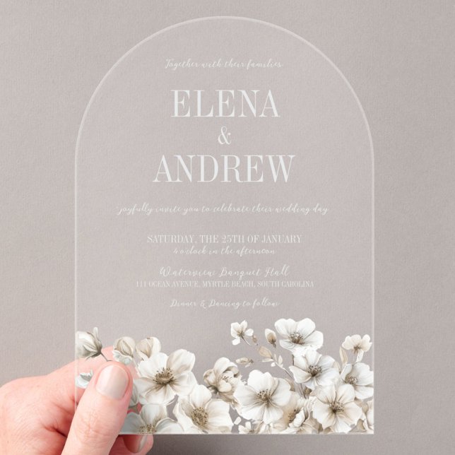 Invitations En Acrylique Élégant Mariage d'arc floral blanc (Elegant White Floral Arch Wedding Acrylic Invitations, Clear Invite, In bloom, Modern Chic, Winter)