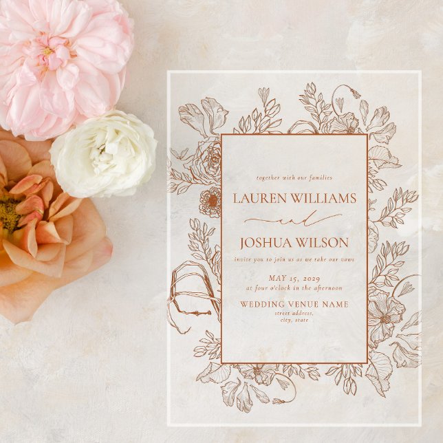 Invitations En Acrylique Élégant Mariage d'art Burnt Orange Floral Line (Créateur téléchargé)