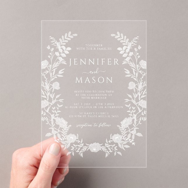 Invitations En Acrylique Élégant Mariage de Bohème à couronne de fleurs bla (In situ (ordinateur de poche))