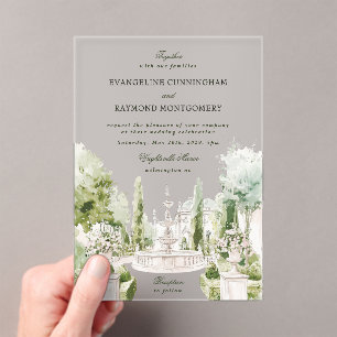 Invitations En Acrylique Élégant mariage de jardin de manoir à l'aquarelle