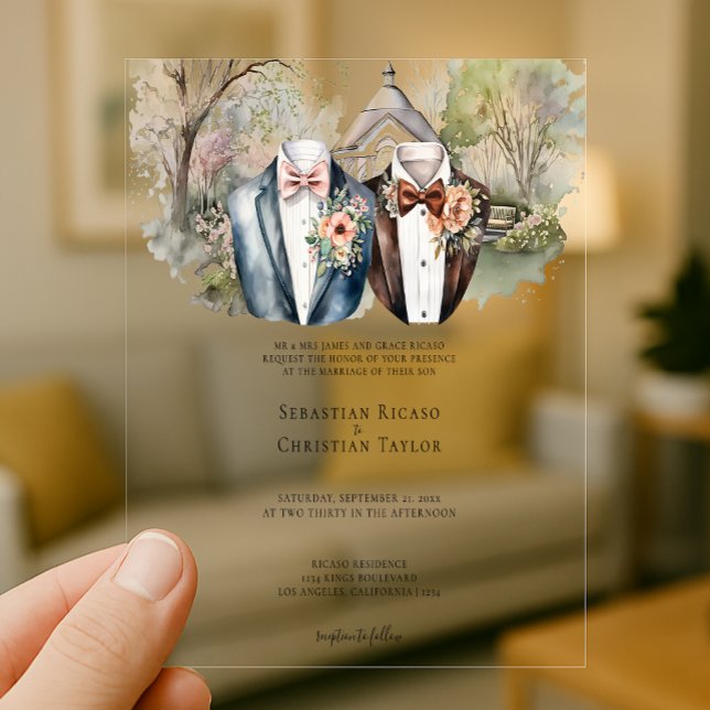 Invitations En Acrylique Elégant mariage de jardin gai deux pièces en costu (Elegant Gay Garden Wedding Two Grooms in Suits Acrylic Invitations by Ricaso. Same sex weddings)