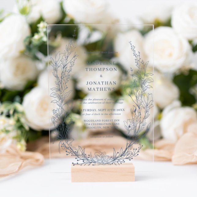 Invitations En Acrylique Élégant Mariage de monogramme de couronne de fleur (Créateur téléchargé)