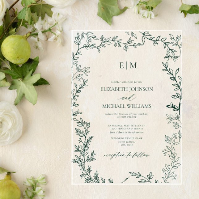 Invitations En Acrylique Élégant Mariage de monogramme vert Emeraude feuill (Créateur téléchargé)
