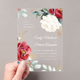 Invitations En Acrylique Élégant Mariage de Noël Floral d'hiver