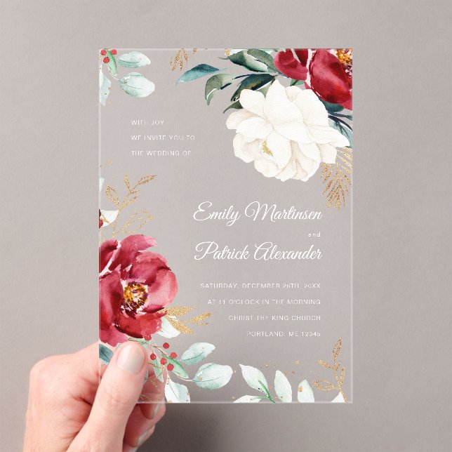 Invitations En Acrylique Élégant Mariage de Noël Floral d'hiver (In situ (ordinateur de poche))