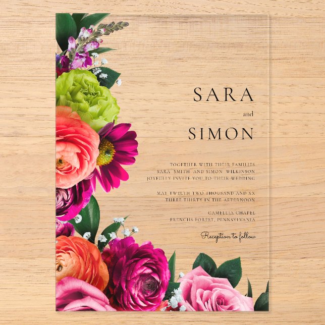 Invitations En Acrylique Elégant mariage de pêche floral moderne (Recto)