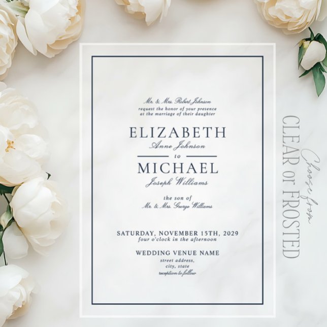 Invitations En Acrylique Élégant Mariage de script classique bleu marine (Créateur téléchargé)