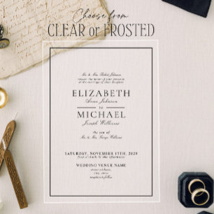 Invitations En Acrylique Élégant Mariage de script classique noir et blanc