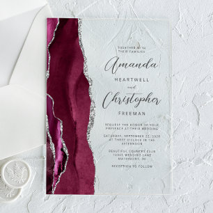 Invitations En Acrylique Élégant Mariage de script d'Agate Argent Bourgogne
