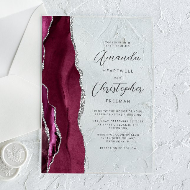 Invitations En Acrylique Élégant Mariage de script d'Agate Argent Bourgogne (Créateur téléchargé)