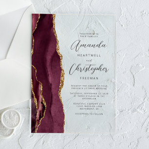 Invitations En Acrylique Élégant Mariage de script d'Agate Or Bourgogne