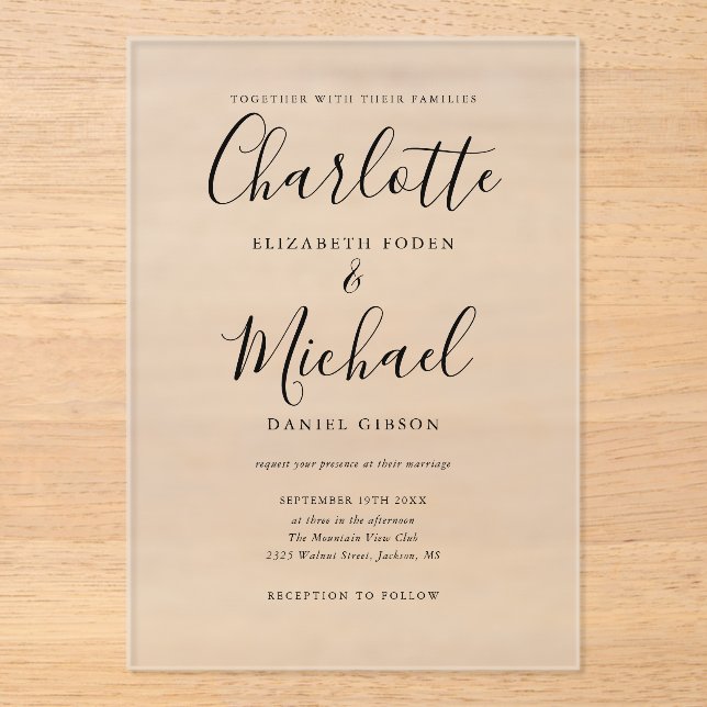 Invitations En Acrylique Élégant Mariage de script de signature noire moder (Recto)