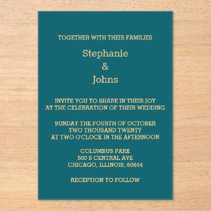 Invitations En Acrylique Élégant Mariage de script Turquoise Blue Green Gol