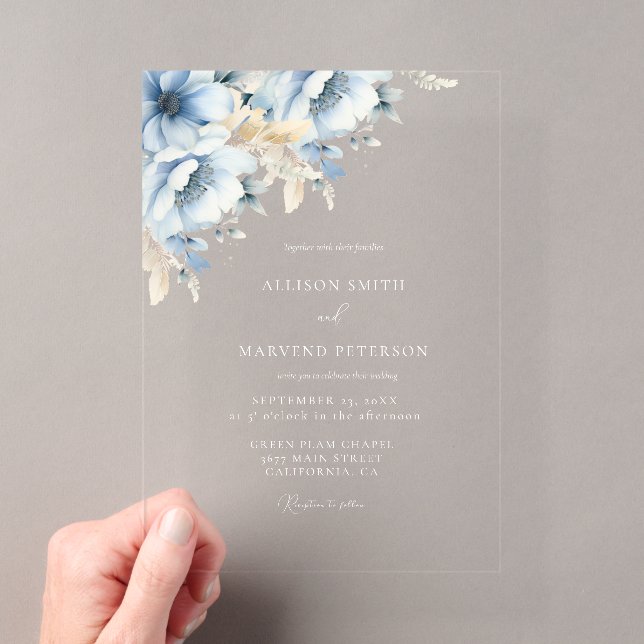Invitations En Acrylique Élégant Mariage de trame géométrique Floral bleu (In situ (ordinateur de poche))
