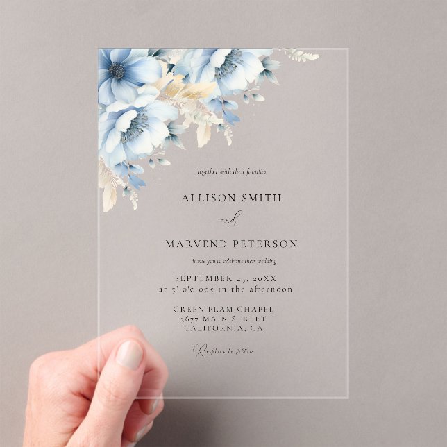 Invitations En Acrylique Élégant Mariage de trame géométrique Floral bleu (In situ (ordinateur de poche))