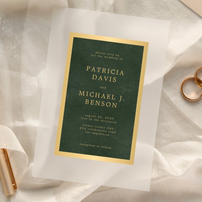 Invitations En Acrylique Élégant mariage élégant cadre doré vert foncé (Créateur téléchargé)