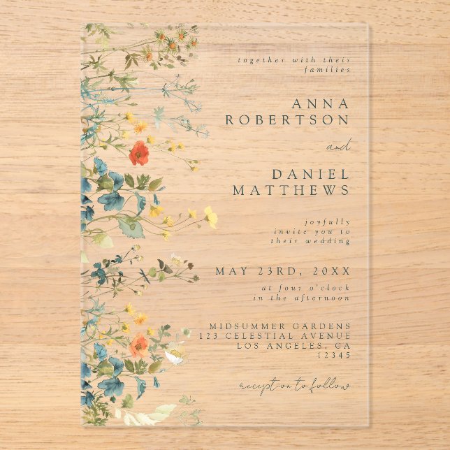 Invitations En Acrylique Élégant Mariage Fleur sauvage (Recto)