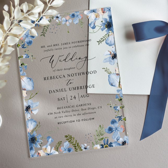 Invitations En Acrylique Élégant Mariage Fleur sauvage bleu (Créateur téléchargé)