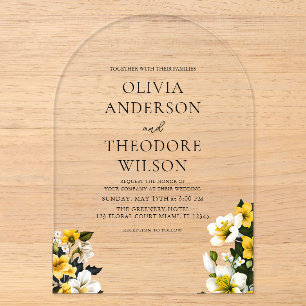 Invitations En Acrylique Élégant Mariage floral blanc et jaune