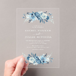 Invitations En Acrylique Elégant mariage floral bleu aquarelle