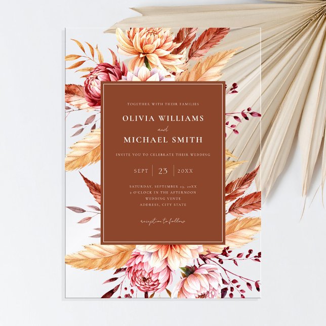 Invitations En Acrylique Élégant Mariage Floral Chic Boho Orange Burnt (Créateur téléchargé)