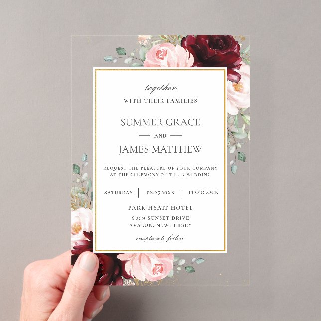 Invitations En Acrylique Élégant Mariage floral de Roses roses roses blanch (In situ (ordinateur de poche))