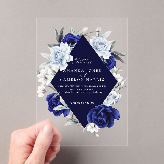 Invitations En Acrylique Elégant Mariage floral Dusty Blue Navy (In situ (ordinateur de poche))
