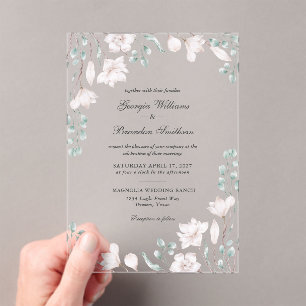 Invitations En Acrylique Élégant Mariage floral Magnolia Eucalyptus