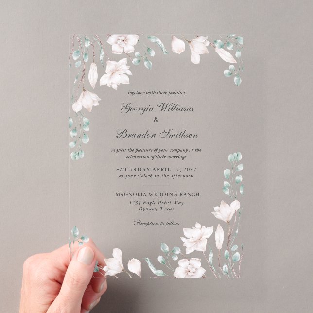 Invitations En Acrylique Élégant Mariage floral Magnolia Eucalyptus (In situ (ordinateur de poche))