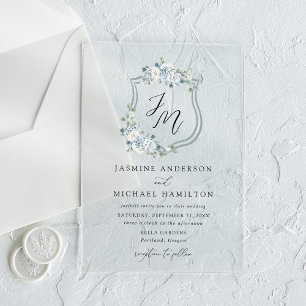 Invitations En Acrylique Élégant mariage floral poussiéreux bleu avec blaso