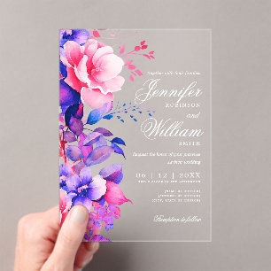 Invitations En Acrylique Élégant Mariage floral romantique Script violet