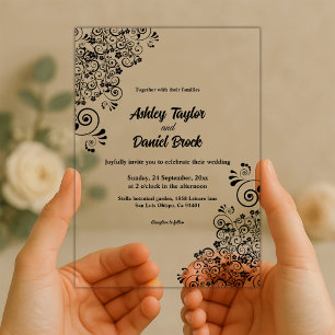 Invitations En Acrylique Élégant Mariage floral simple noir et blanc