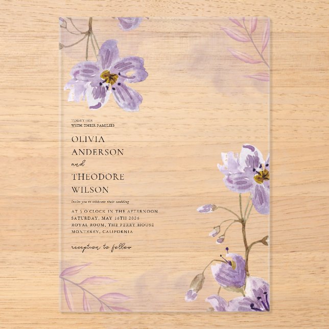 Invitations En Acrylique Élégant Mariage floral violet clair (Recto)