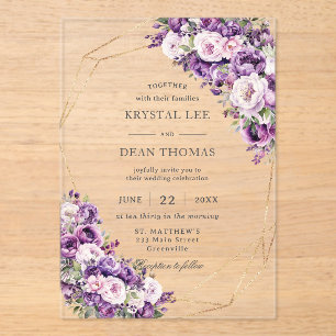 Invitations En Acrylique Élégant mariage floral violet foncé et rose blush